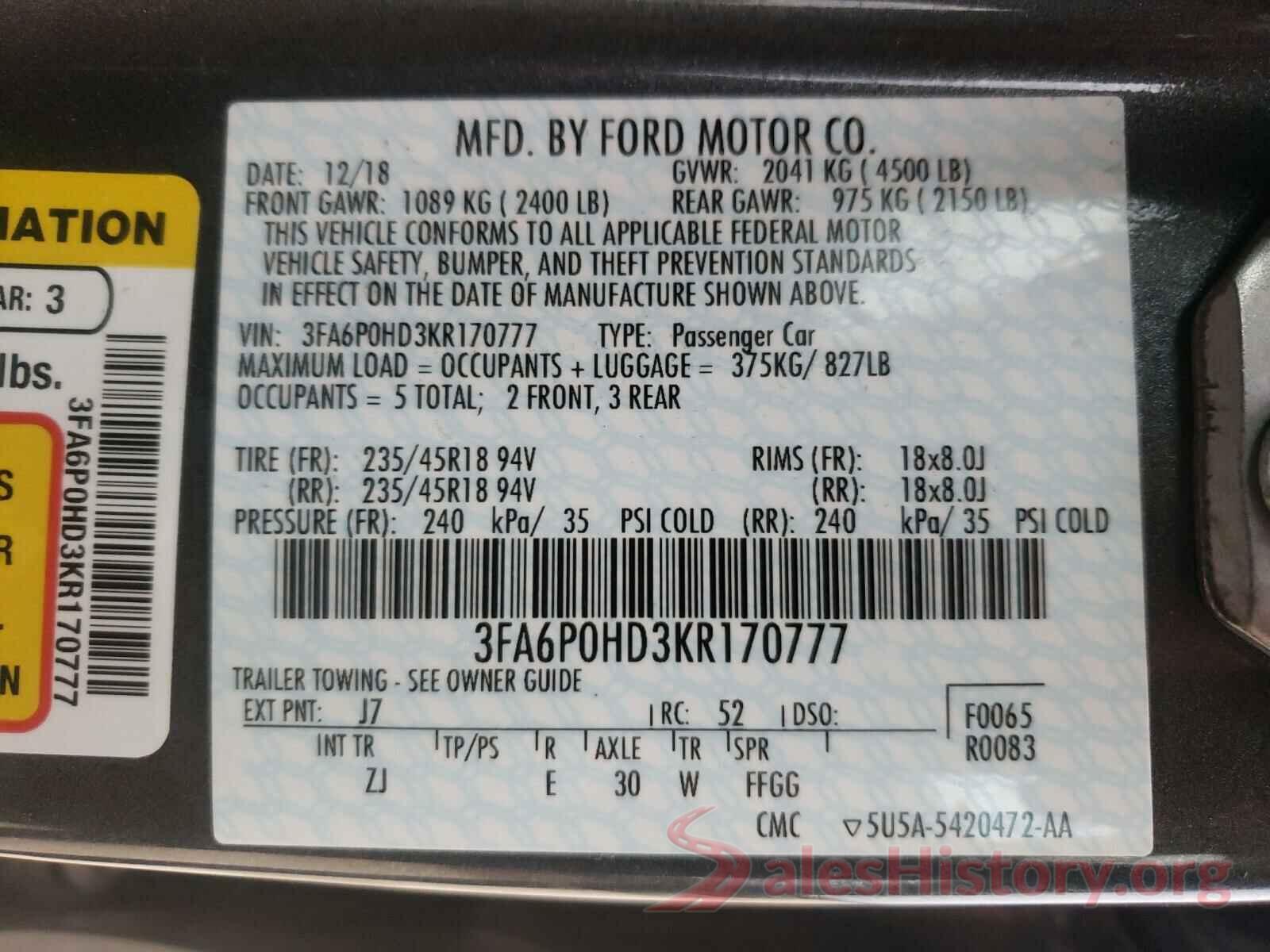 3FA6P0HD3KR170777 2019 FORD FUSION