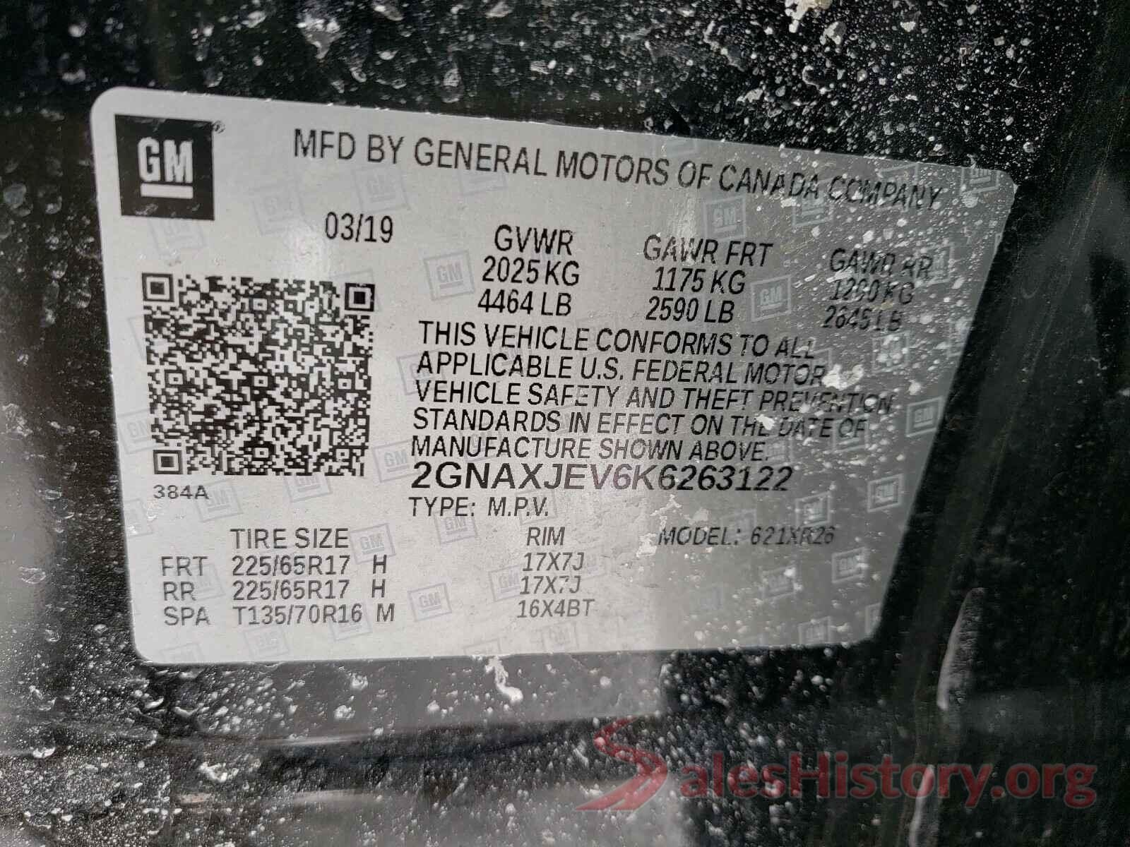 2GNAXJEV6K6263122 2019 CHEVROLET EQUINOX