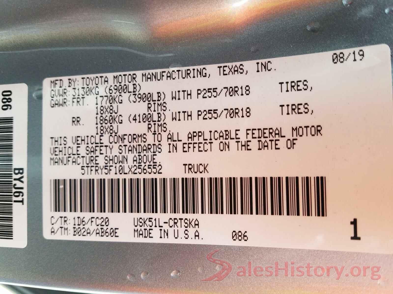 5TFRY5F10LX256552 2020 TOYOTA TUNDRA