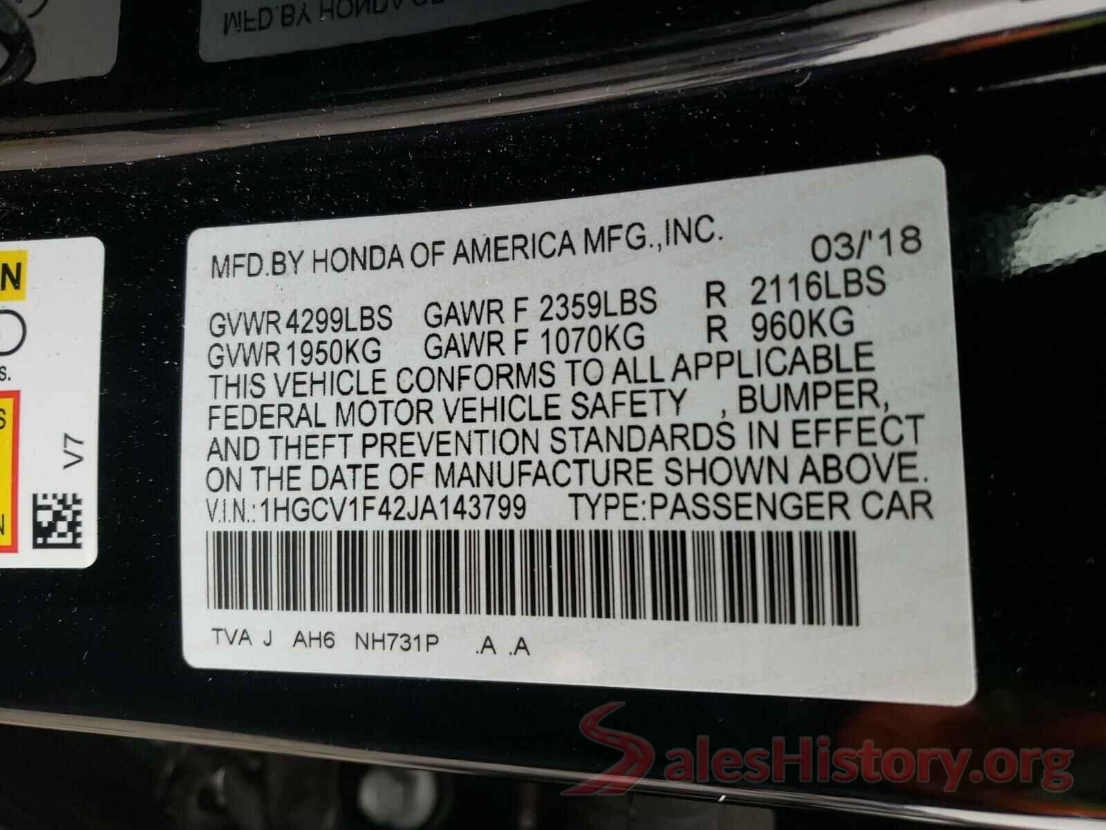 1HGCV1F42JA143799 2018 HONDA ACCORD