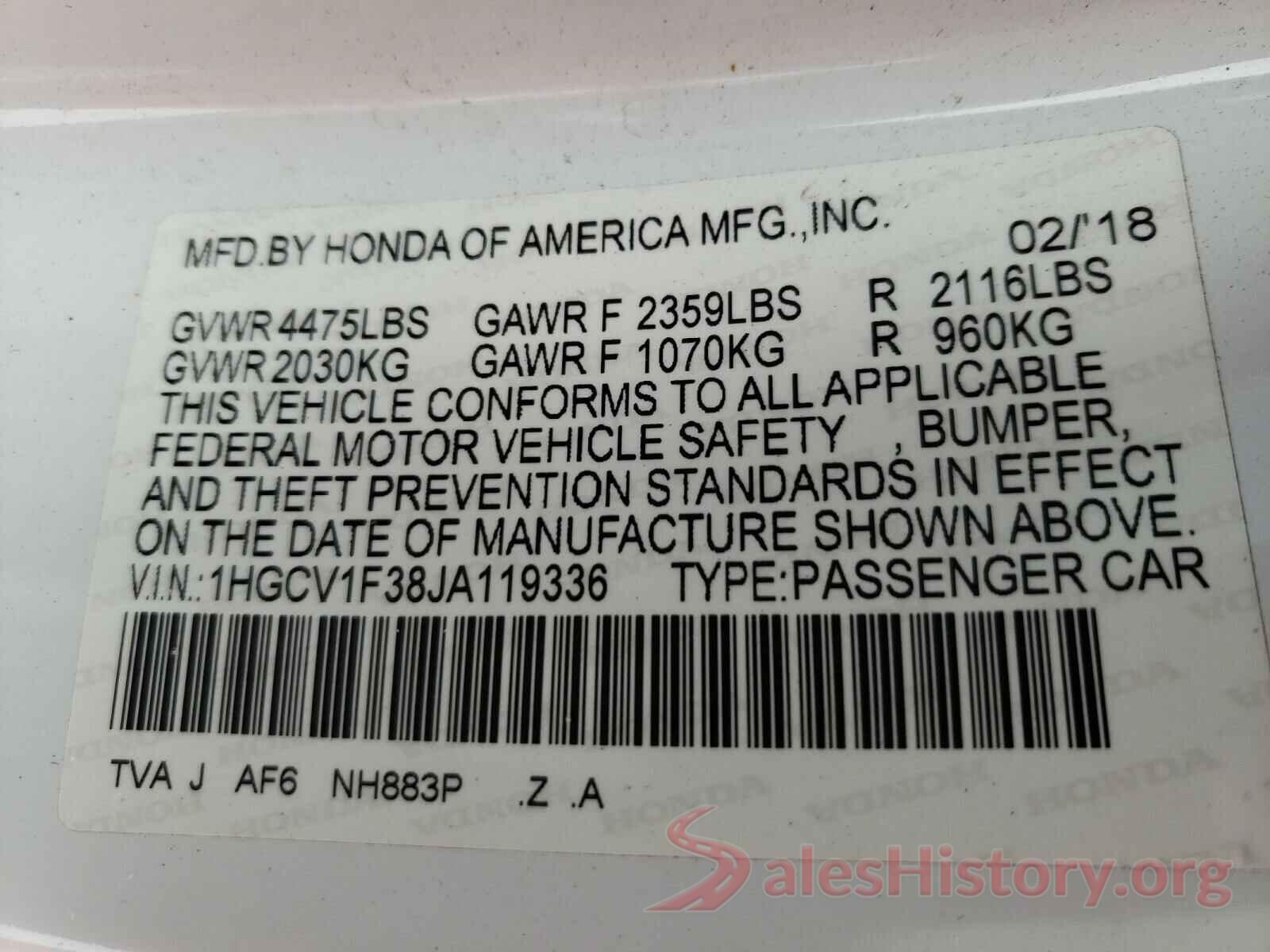 1HGCV1F38JA119336 2018 HONDA ACCORD