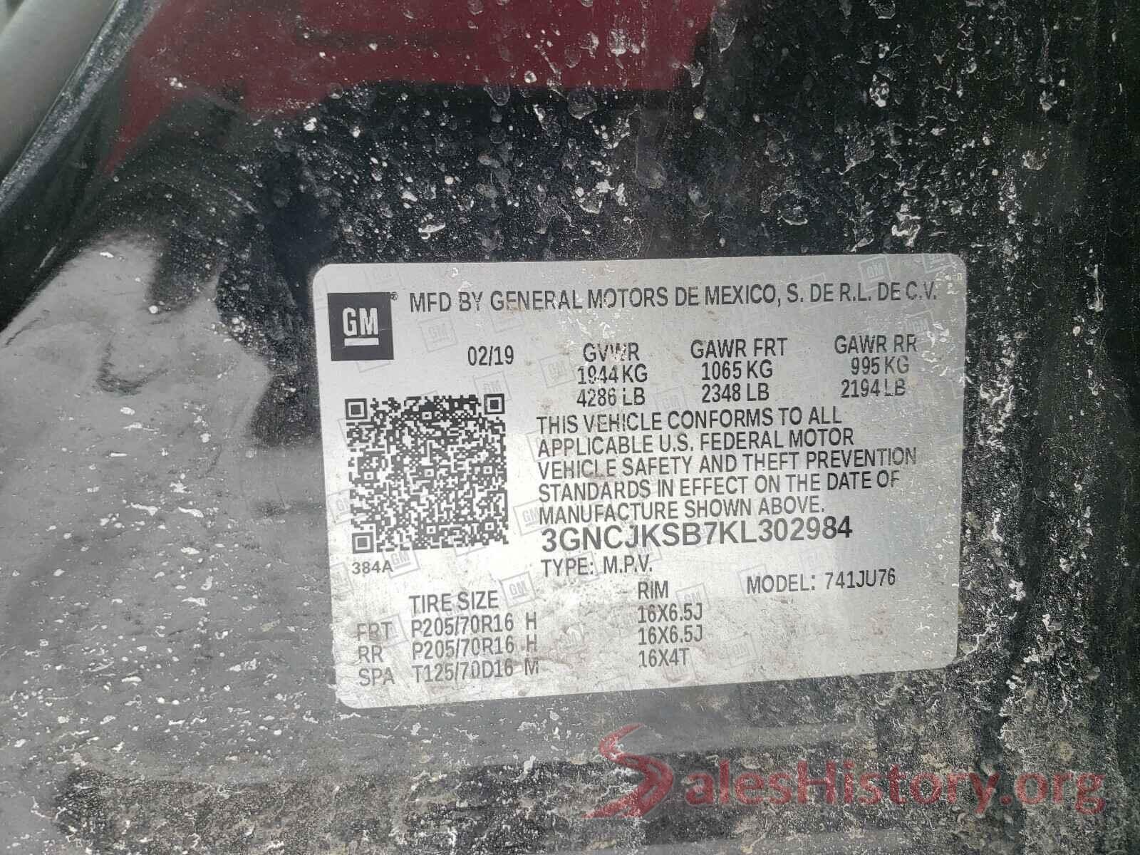 3GNCJKSB7KL302984 2019 CHEVROLET TRAX