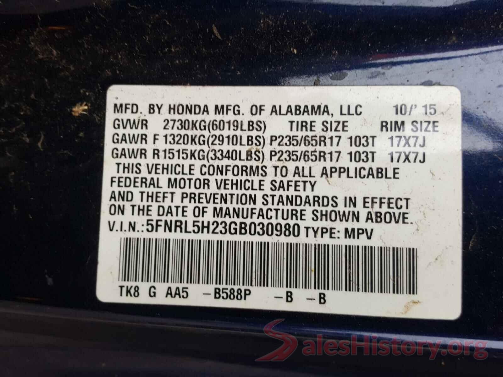 5FNRL5H23GB030980 2016 HONDA ODYSSEY