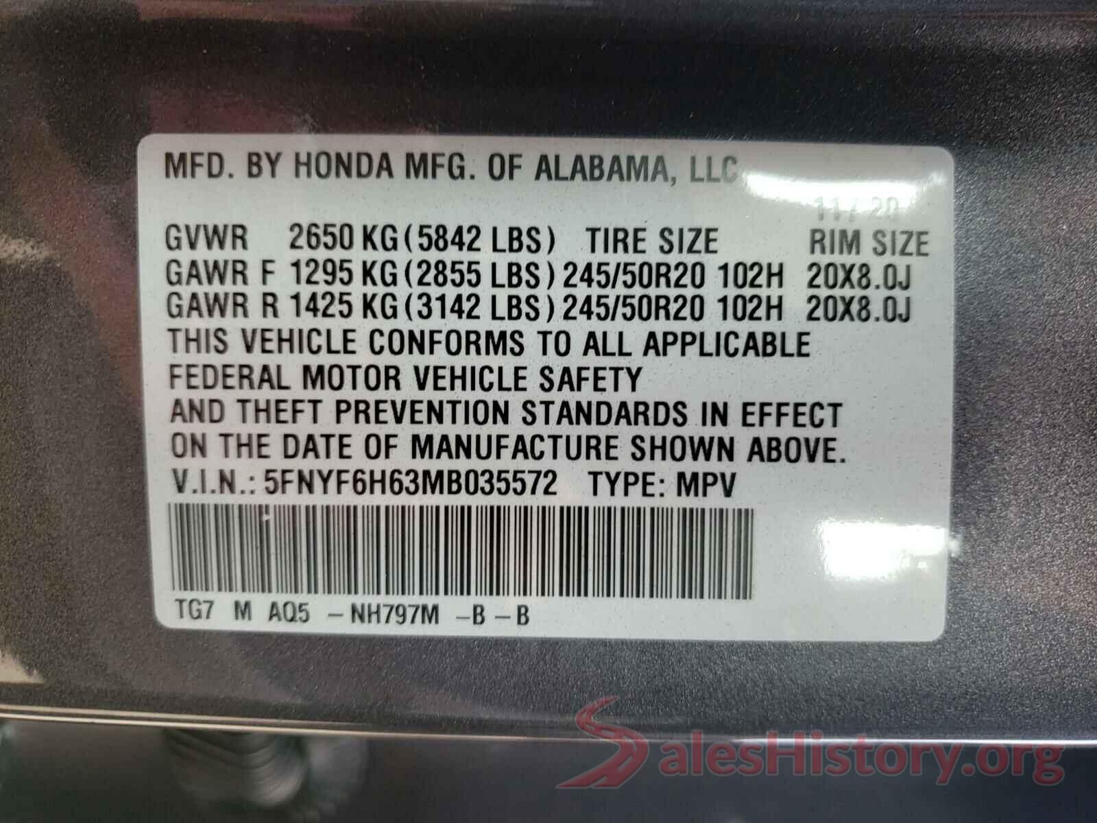 5FNYF6H63MB035572 2021 HONDA PILOT