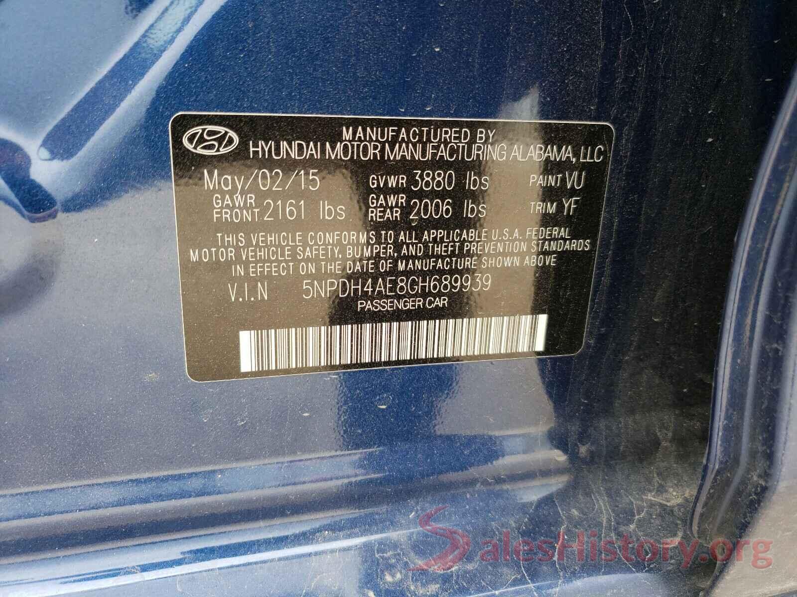 5NPDH4AE8GH689939 2016 HYUNDAI ELANTRA