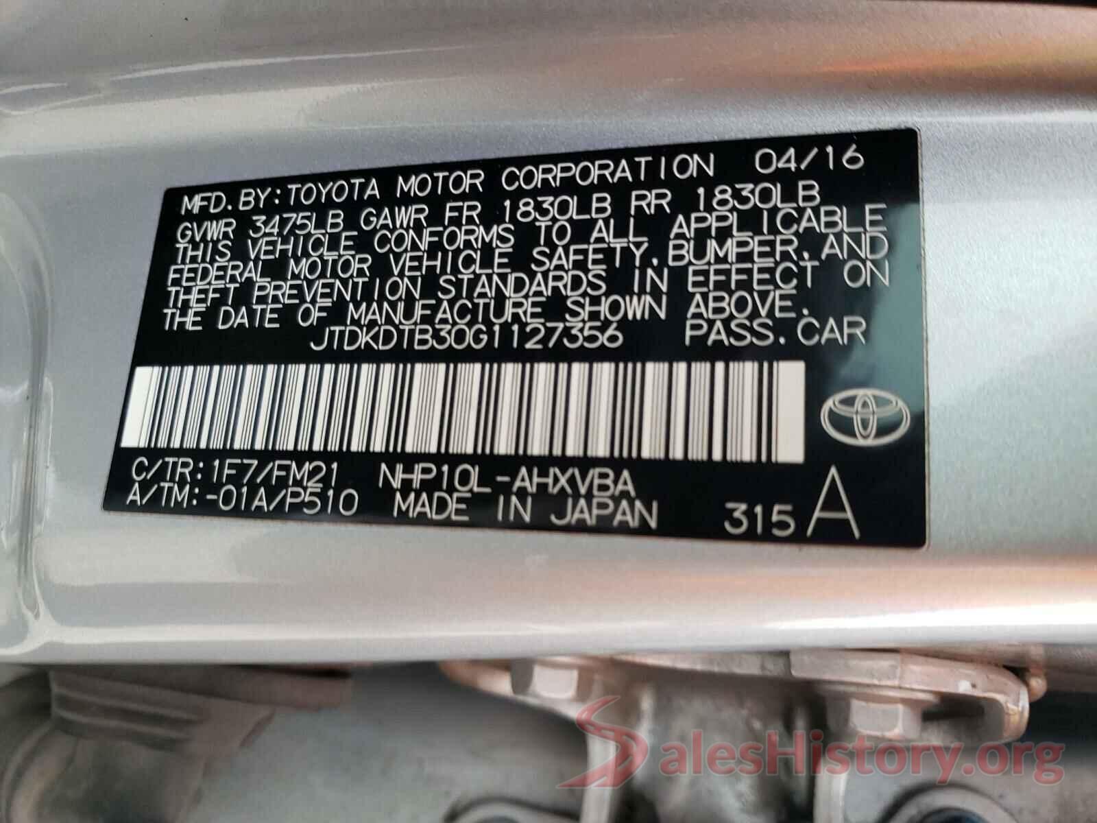 JTDKDTB30G1127356 2016 TOYOTA PRIUS