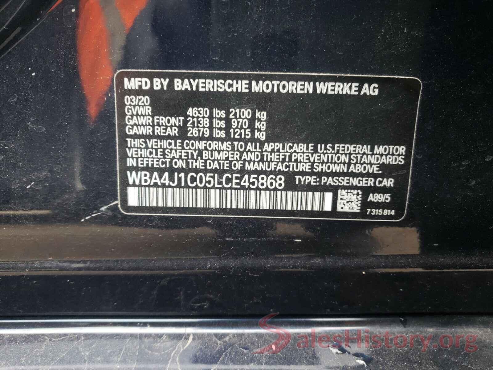 WBA4J1C05LCE45868 2020 BMW 4 SERIES