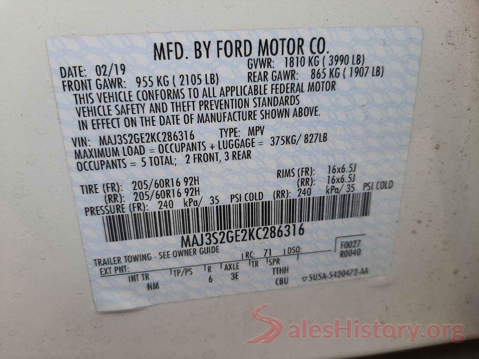 MAJ3S2GE2KC286316 2019 FORD ALL OTHER