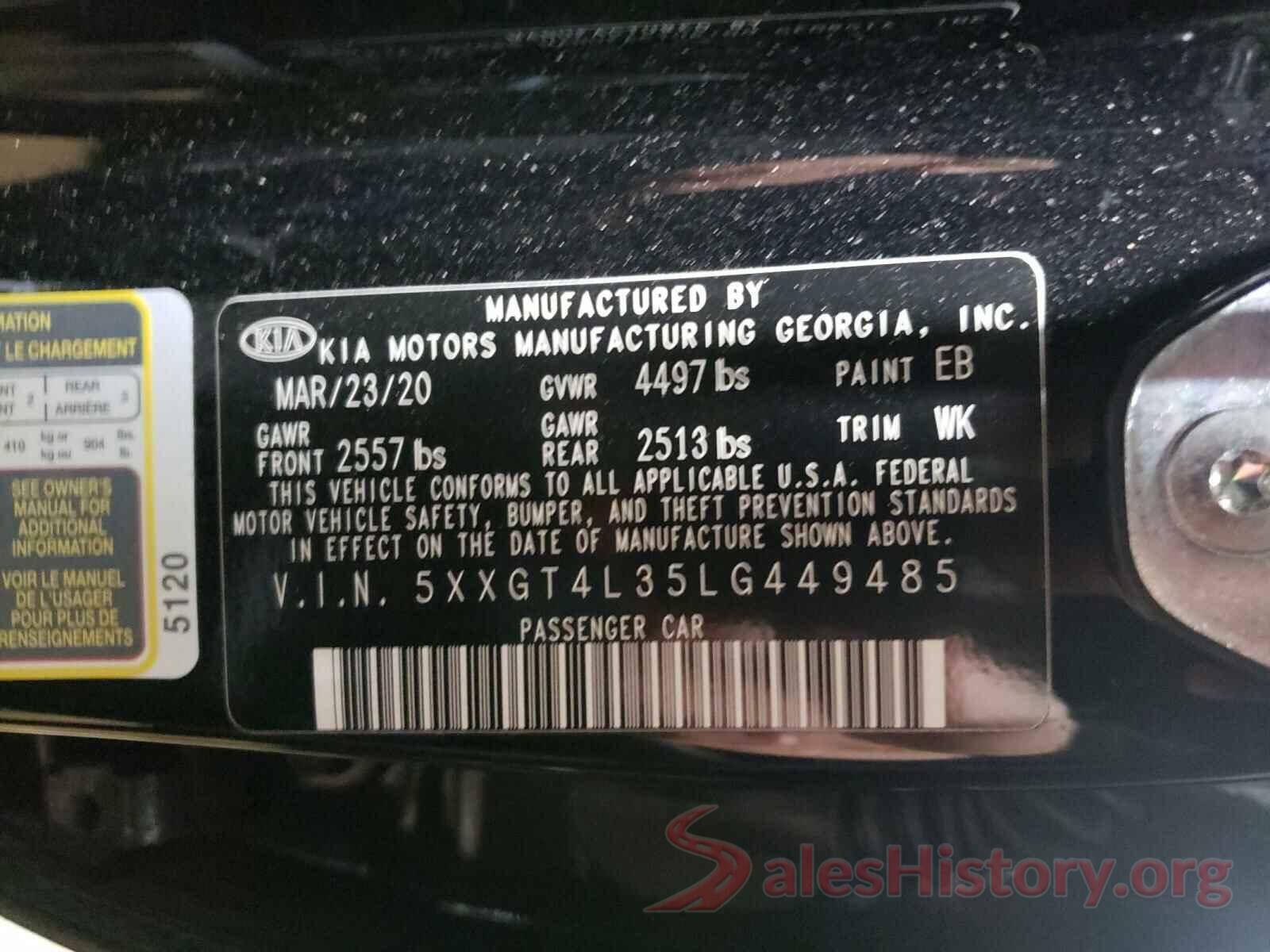 5XXGT4L35LG449485 2020 KIA OPTIMA