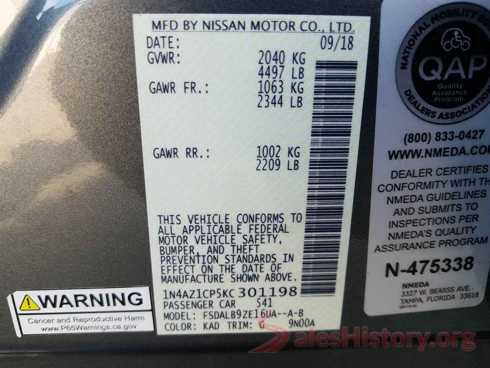 1N4AZ1CP5KC301198 2019 NISSAN LEAF