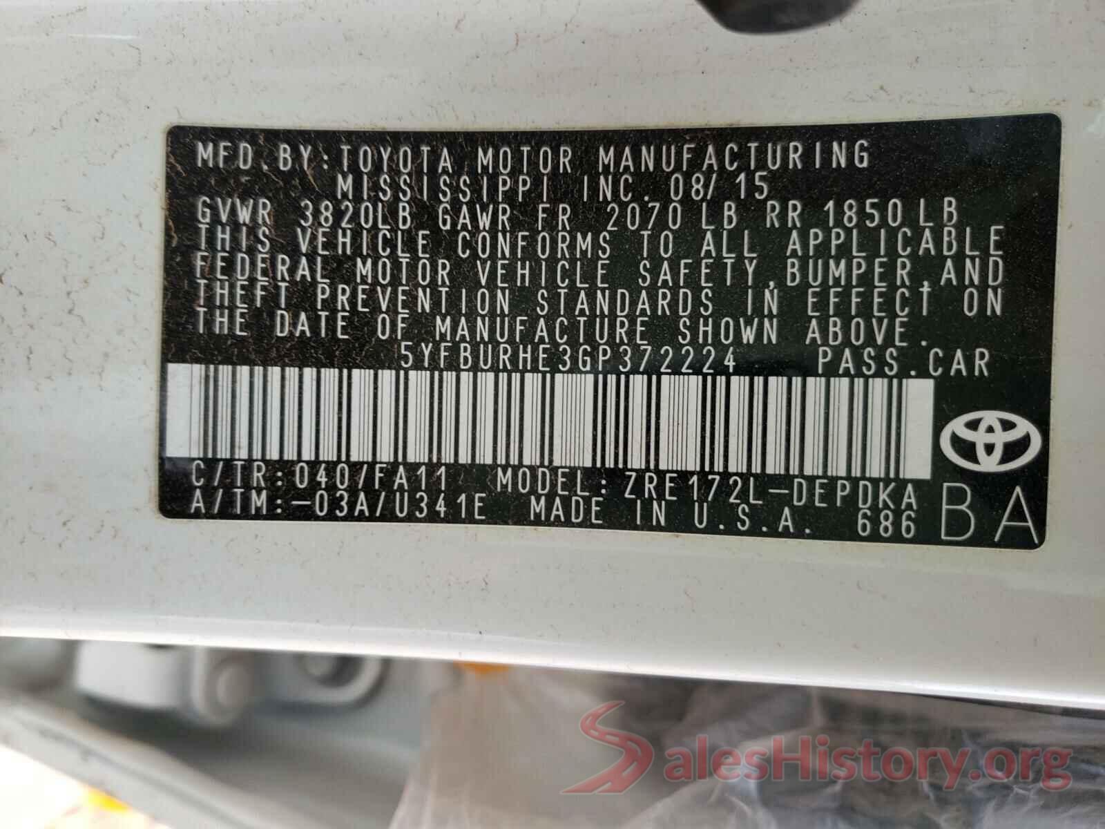 5YFBURHE3GP372224 2016 TOYOTA COROLLA