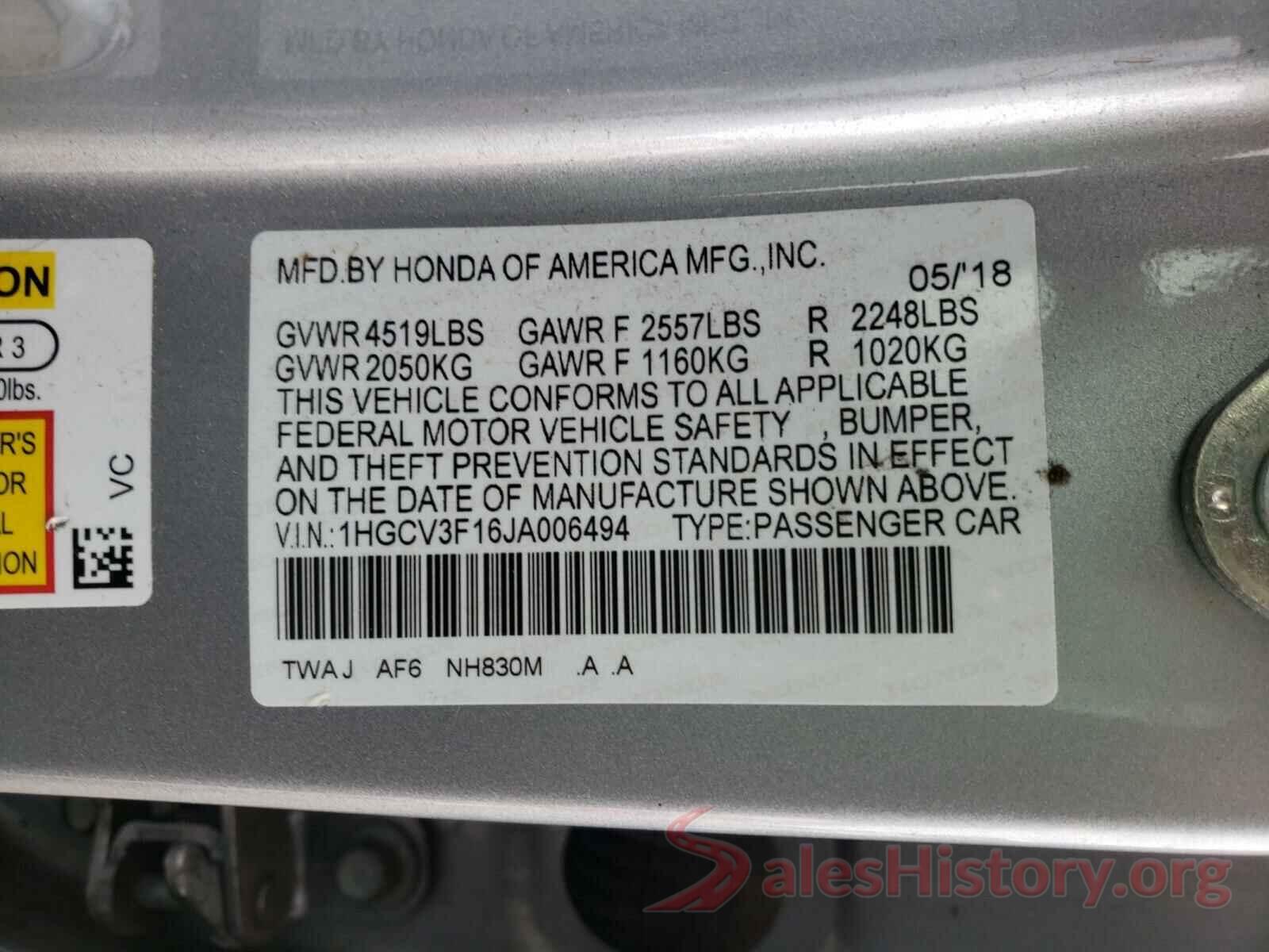 1HGCV3F16JA006494 2018 HONDA ACCORD