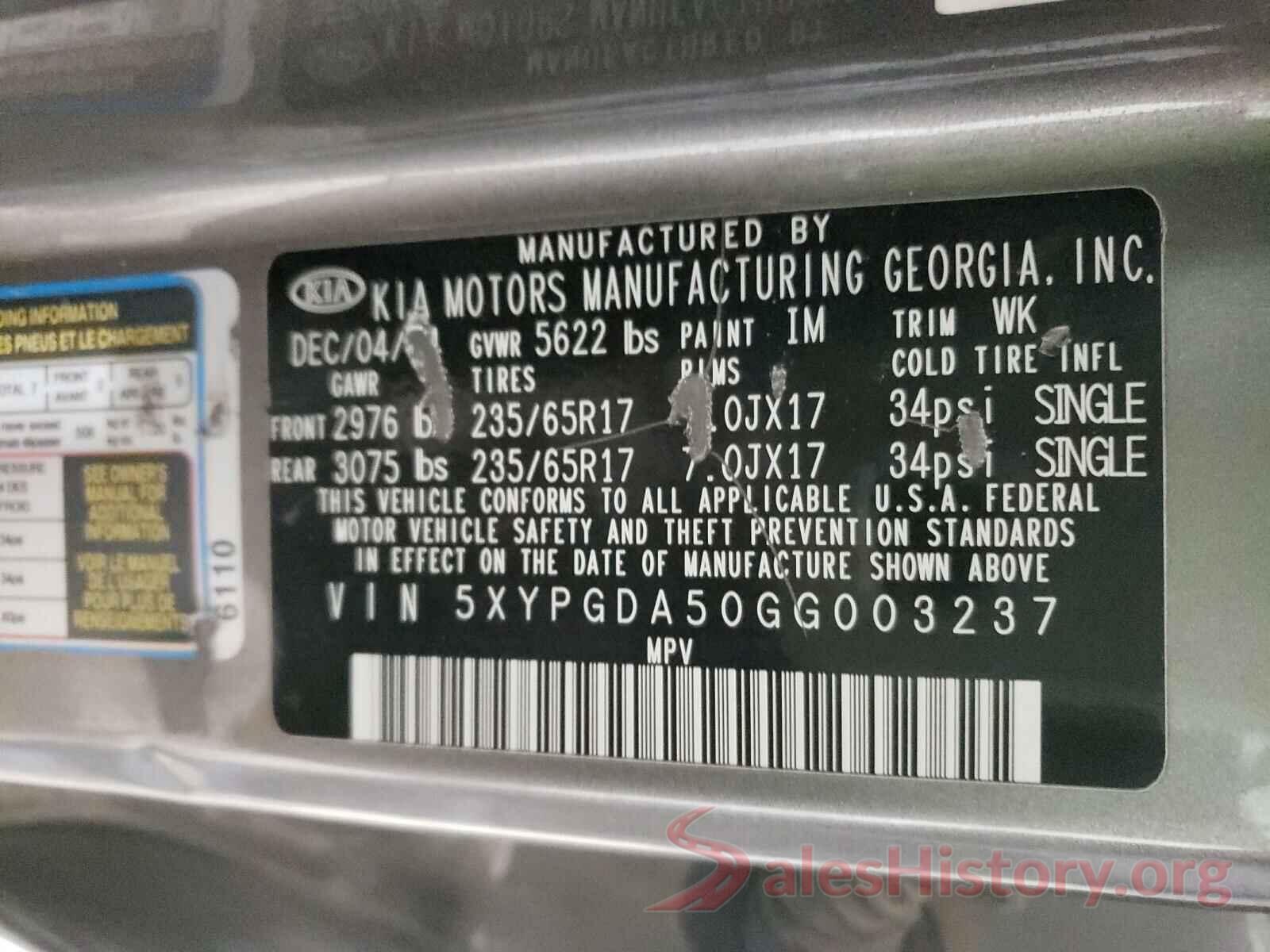 5XYPGDA50GG003237 2016 KIA SORENTO