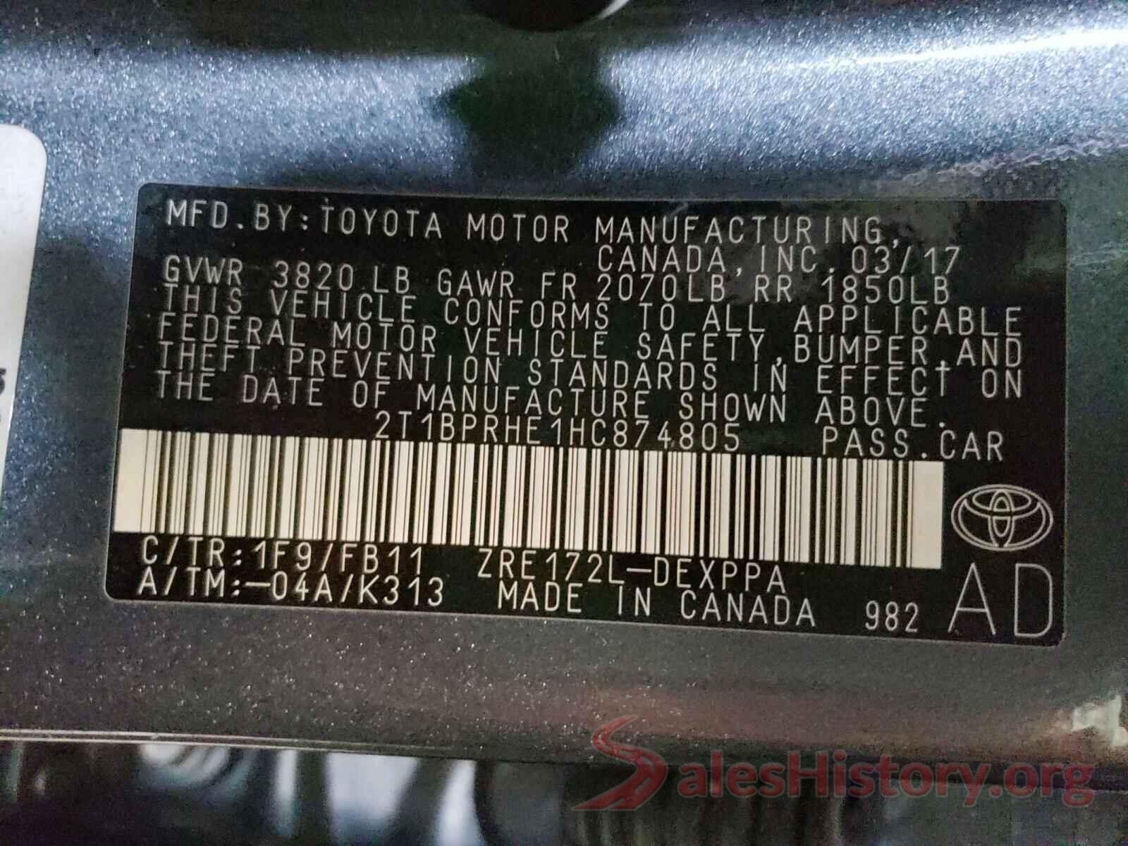 2T1BPRHE1HC874805 2017 TOYOTA COROLLA