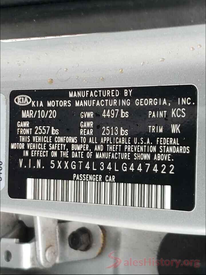 5XXGT4L34LG447422 2020 KIA OPTIMA