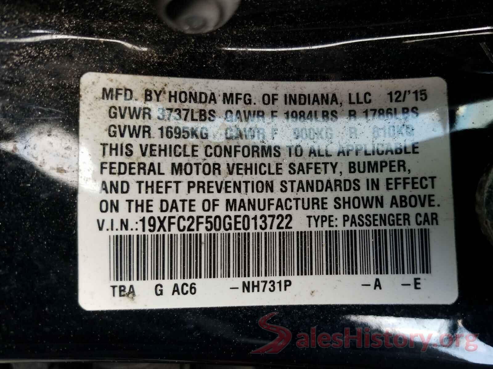 19XFC2F50GE013722 2016 HONDA CIVIC