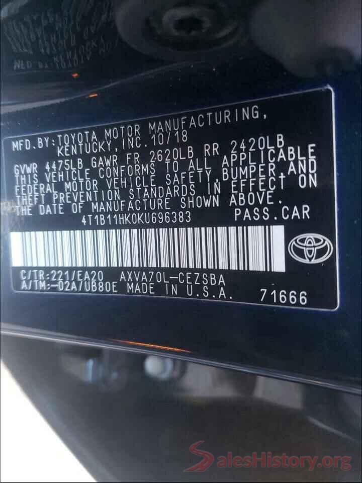 4T1B11HK0KU696383 2019 TOYOTA CAMRY