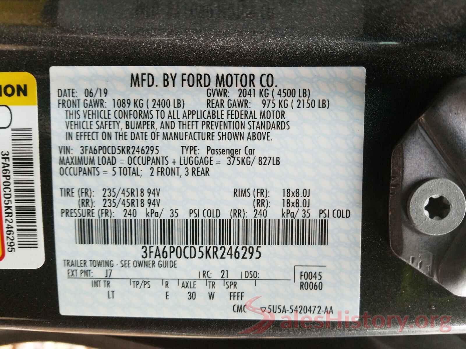 3FA6P0CD5KR246295 2019 FORD FUSION