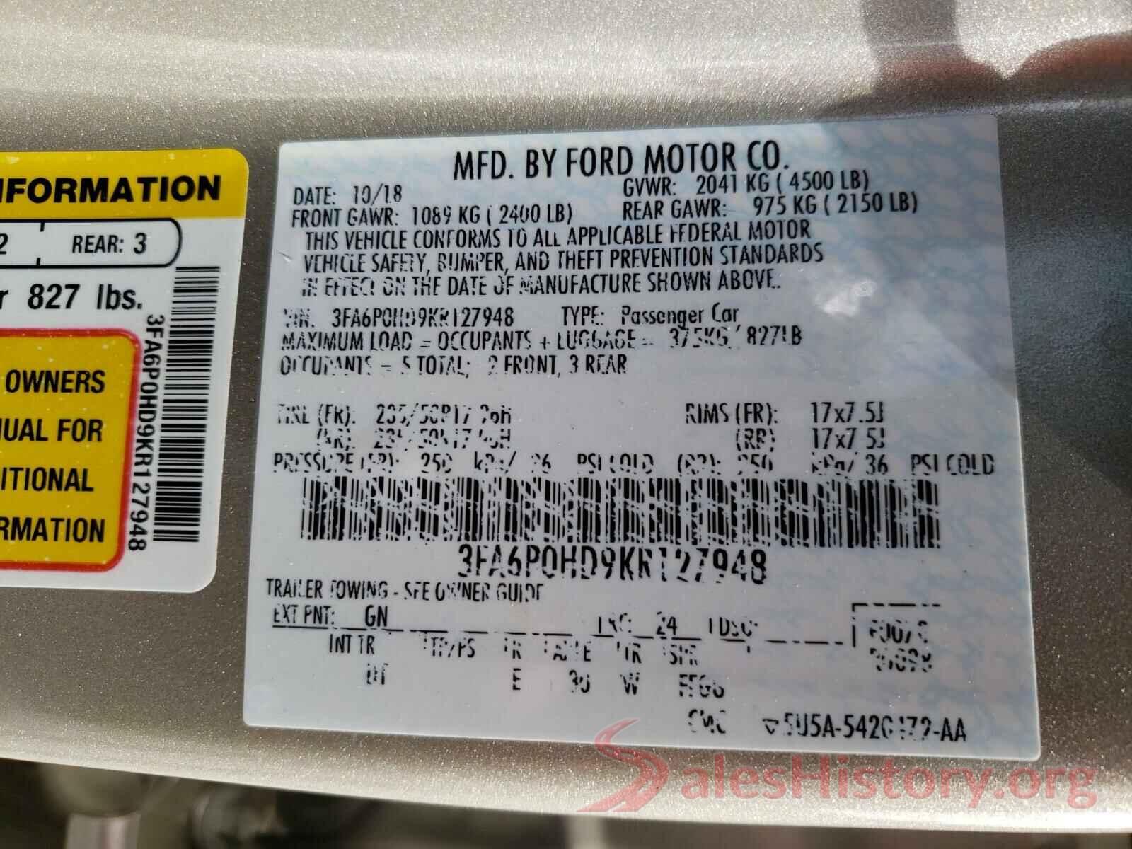 3FA6P0HD9KR127948 2019 FORD FUSION