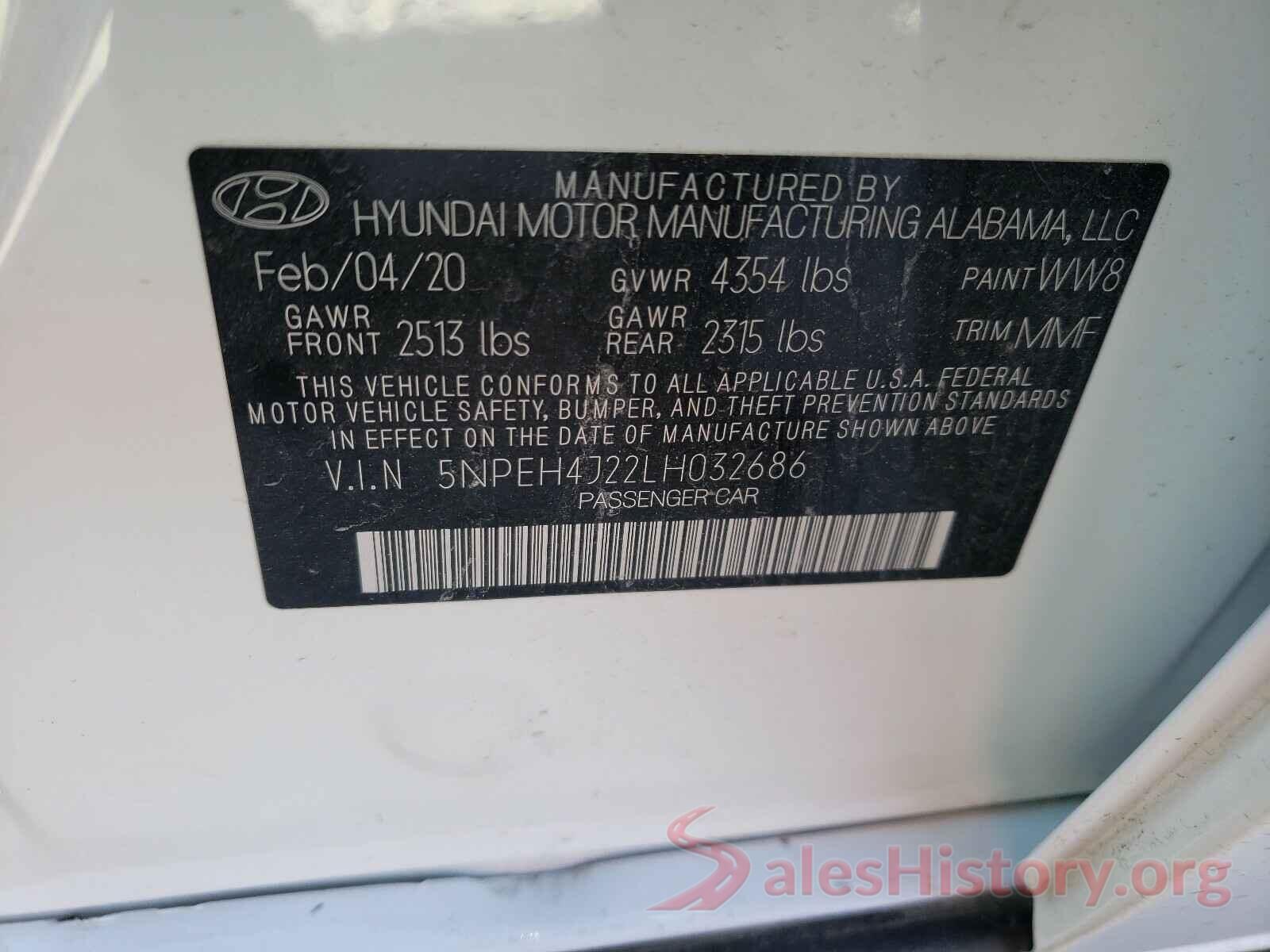 5NPEH4J22LH032686 2020 HYUNDAI SONATA