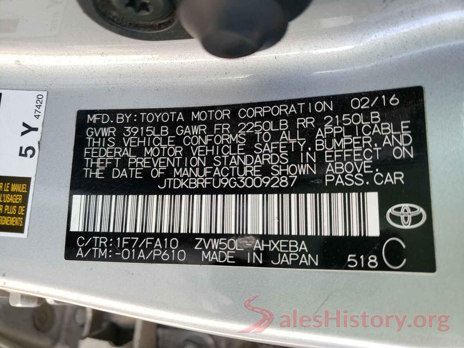 JTDKBRFU9G3009287 2016 TOYOTA PRIUS