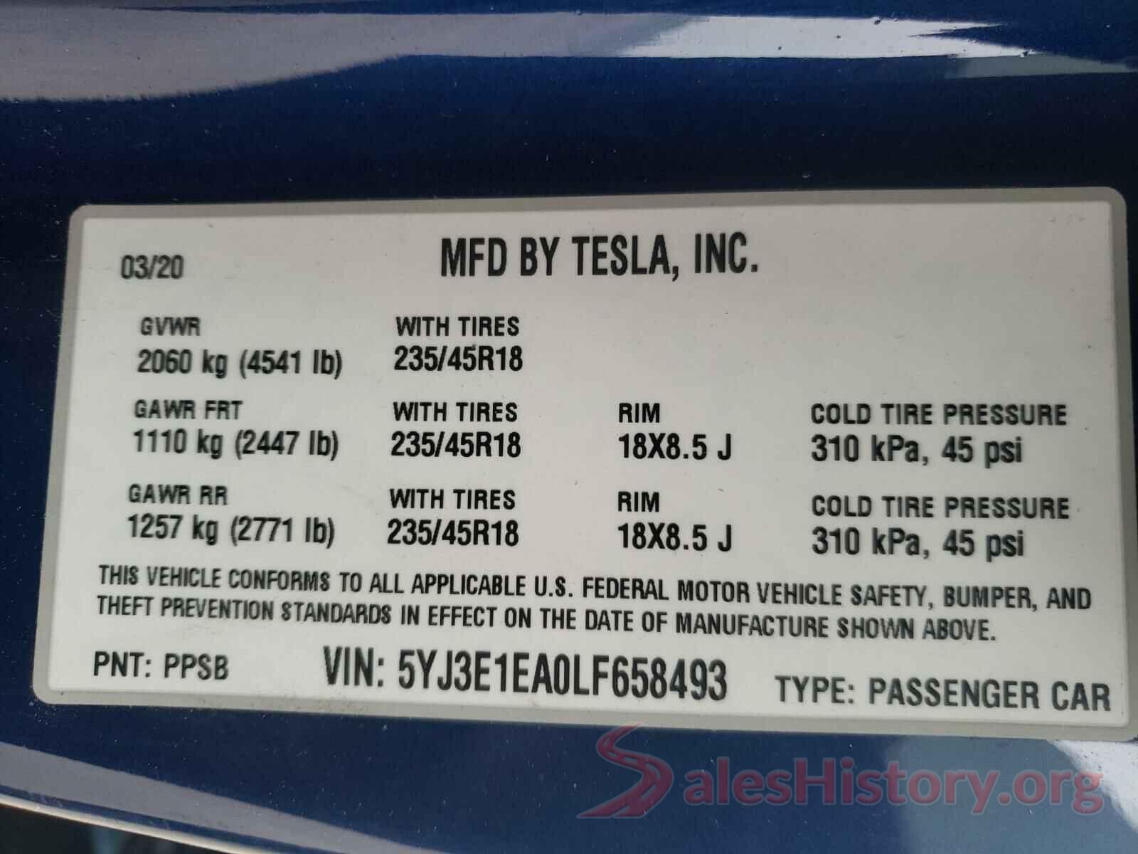 5YJ3E1EA0LF658493 2020 TESLA MODEL 3