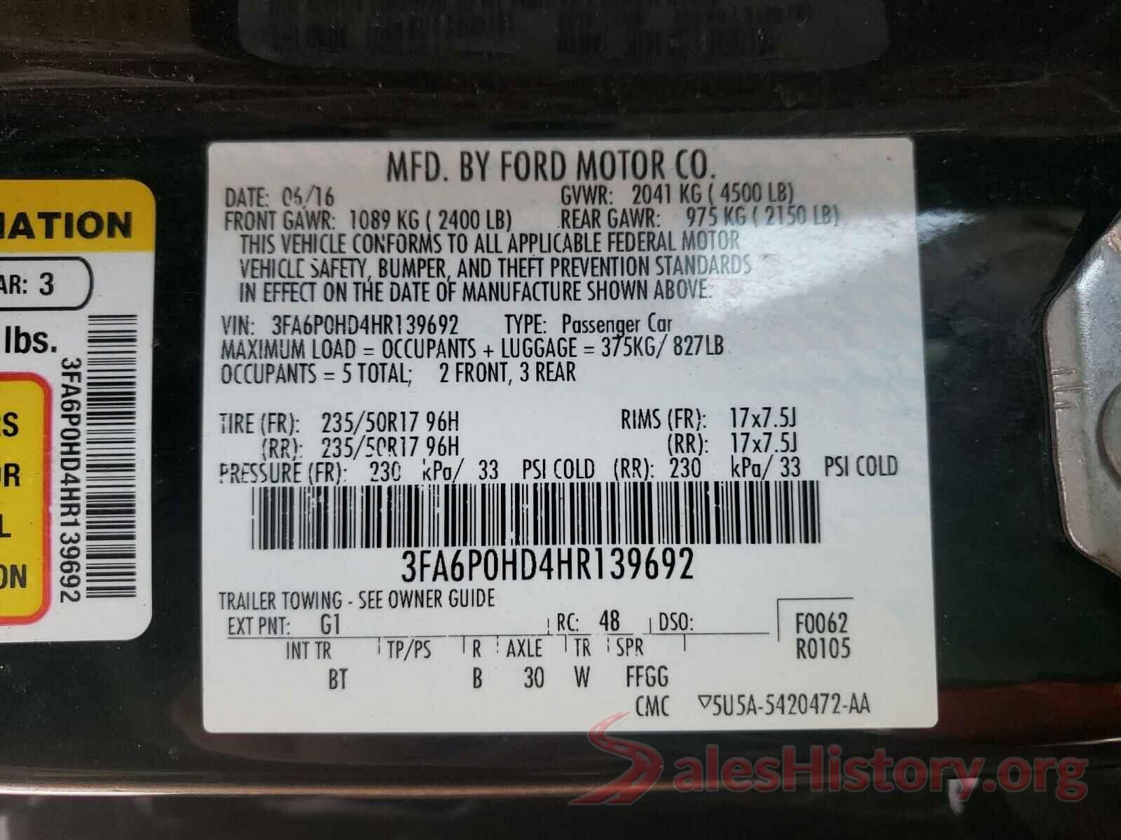 3FA6P0HD4HR139692 2017 FORD FUSION