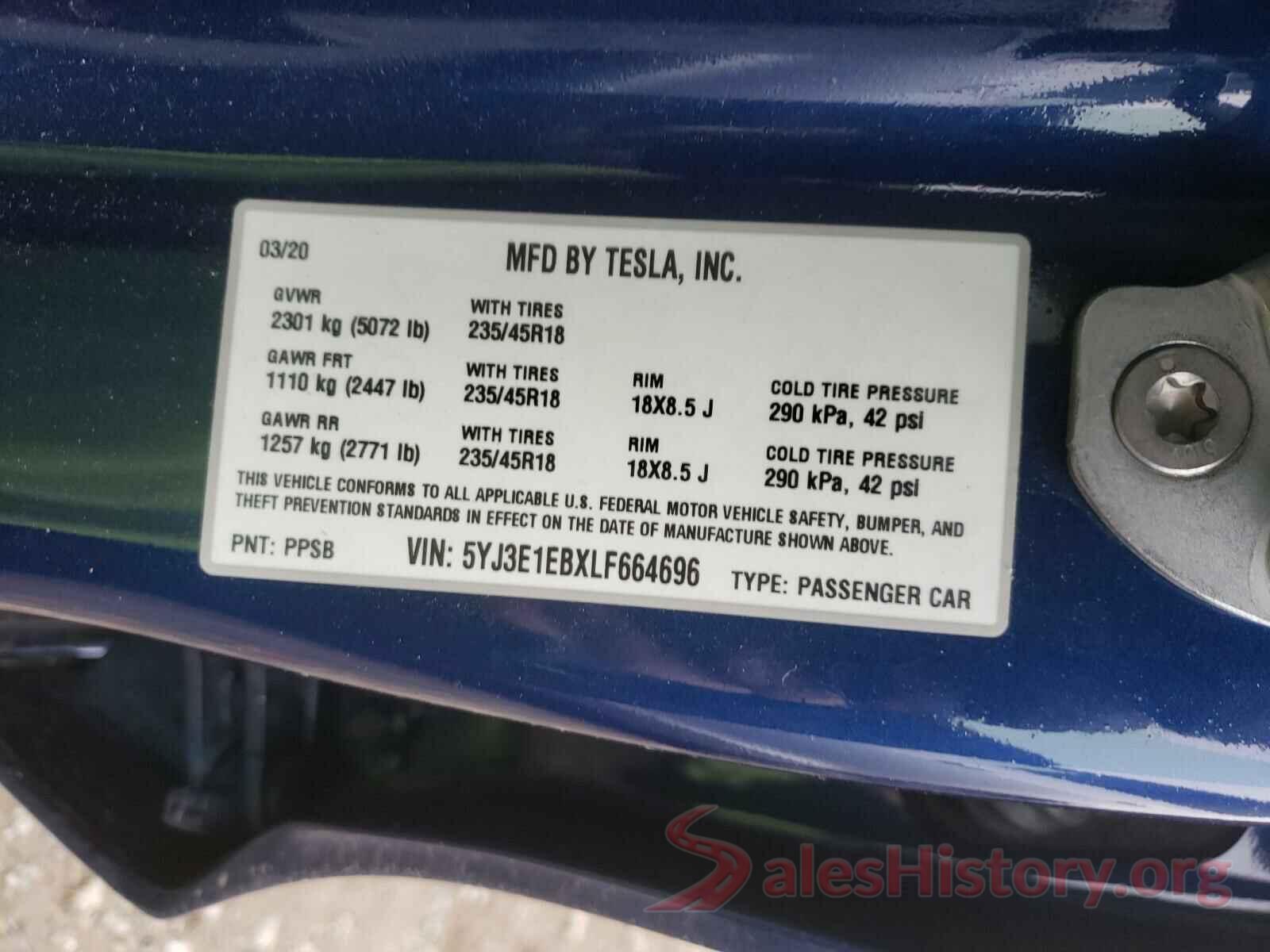 5YJ3E1EBXLF664696 2020 TESLA MODEL 3