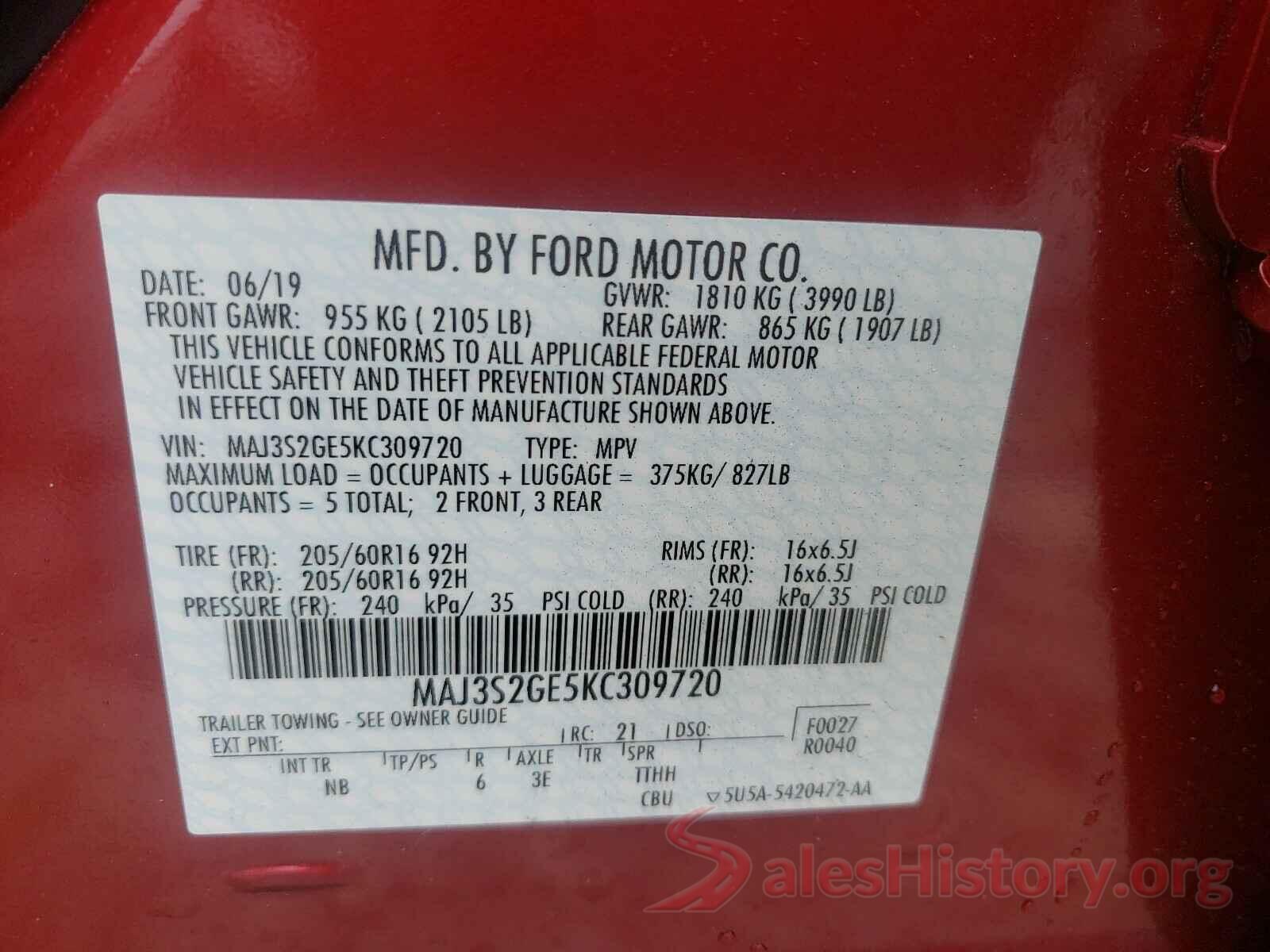 MAJ3S2GE5KC309720 2019 FORD ALL OTHER