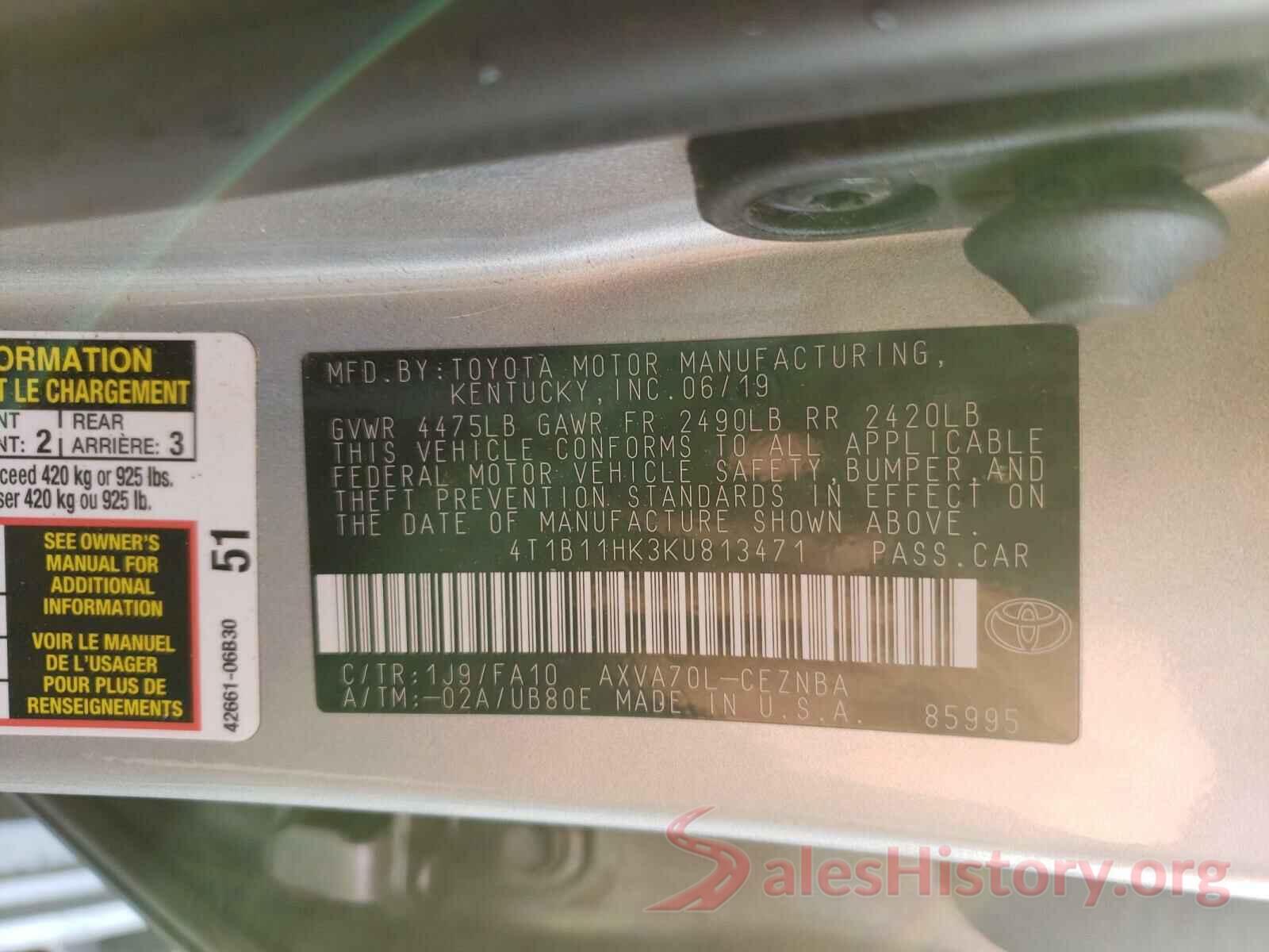 4T1B11HK3KU813471 2019 TOYOTA CAMRY