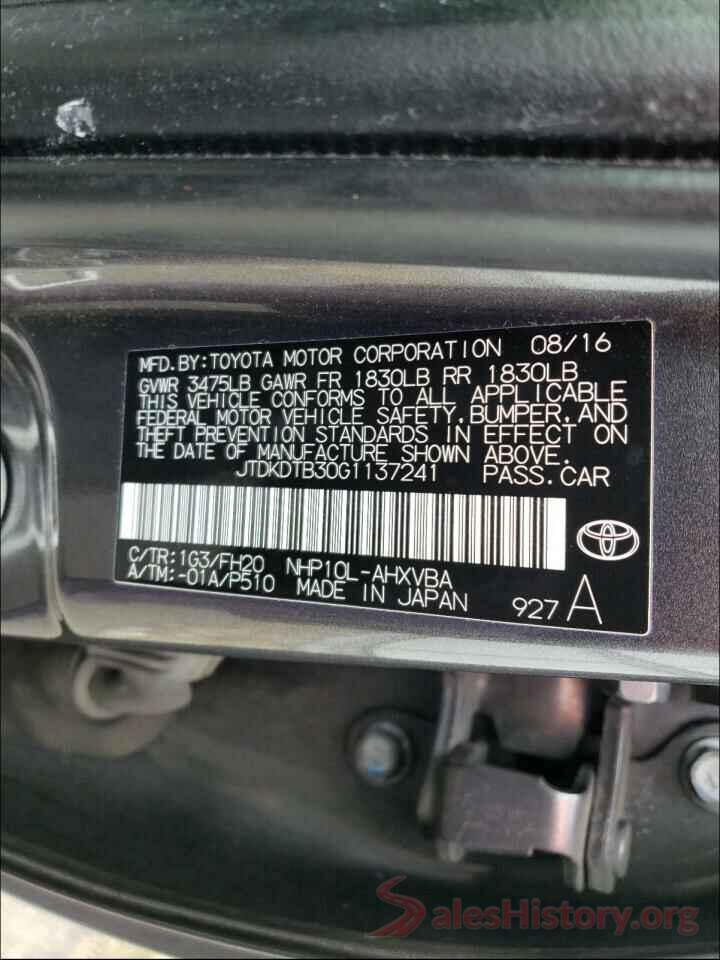 JTDKDTB30G1137241 2016 TOYOTA PRIUS