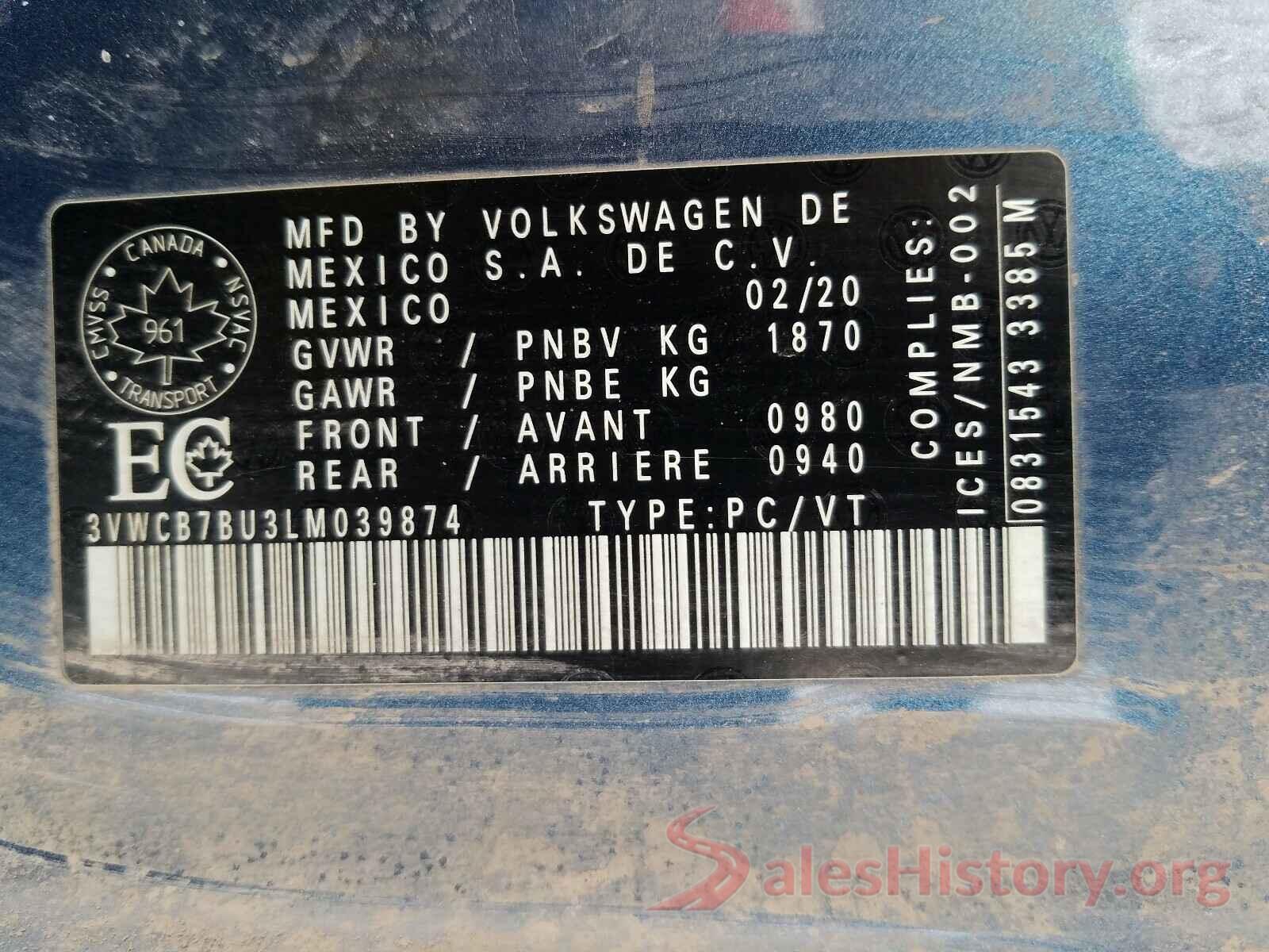 3VWCB7BU3LM039874 2020 VOLKSWAGEN JETTA