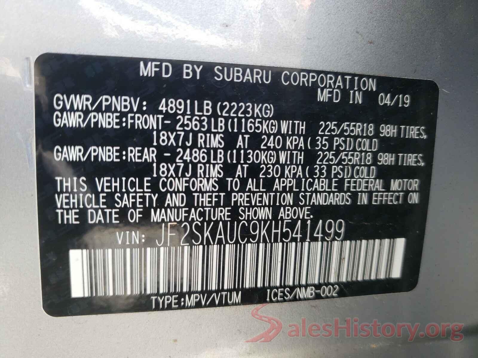 JF2SKAUC9KH541499 2019 SUBARU FORESTER