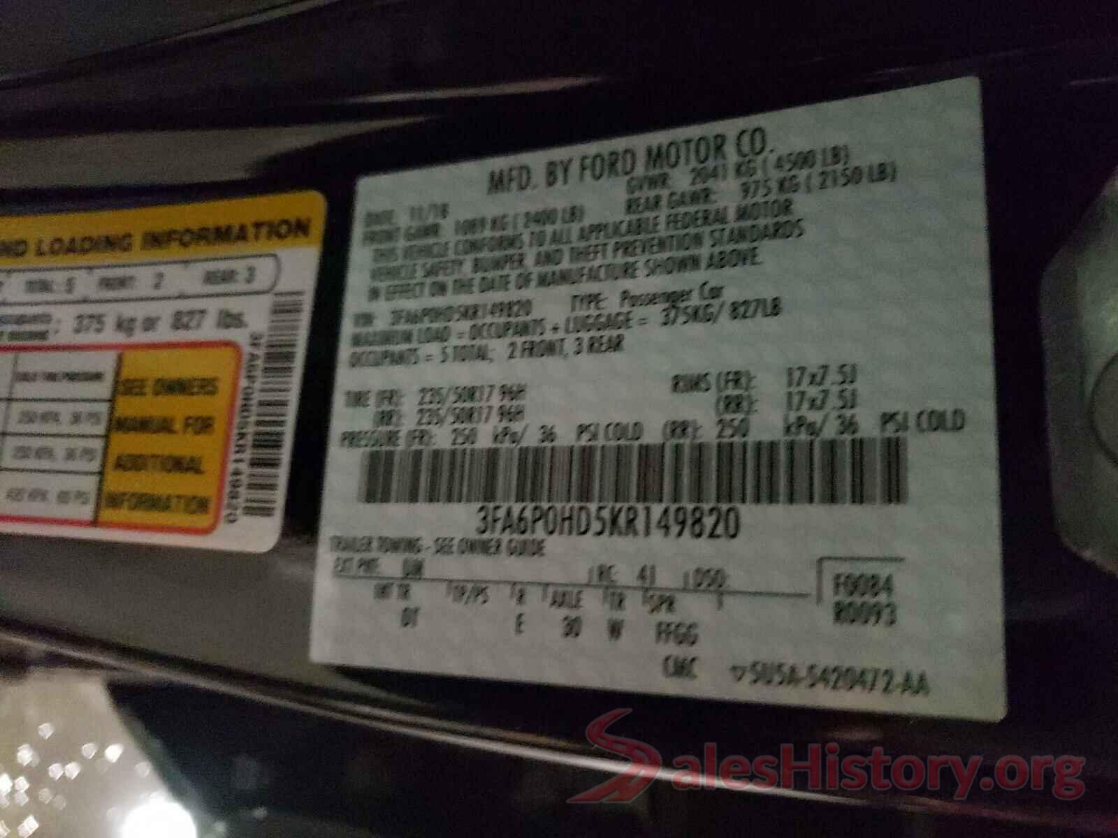 3FA6P0HD5KR149820 2019 FORD FUSION