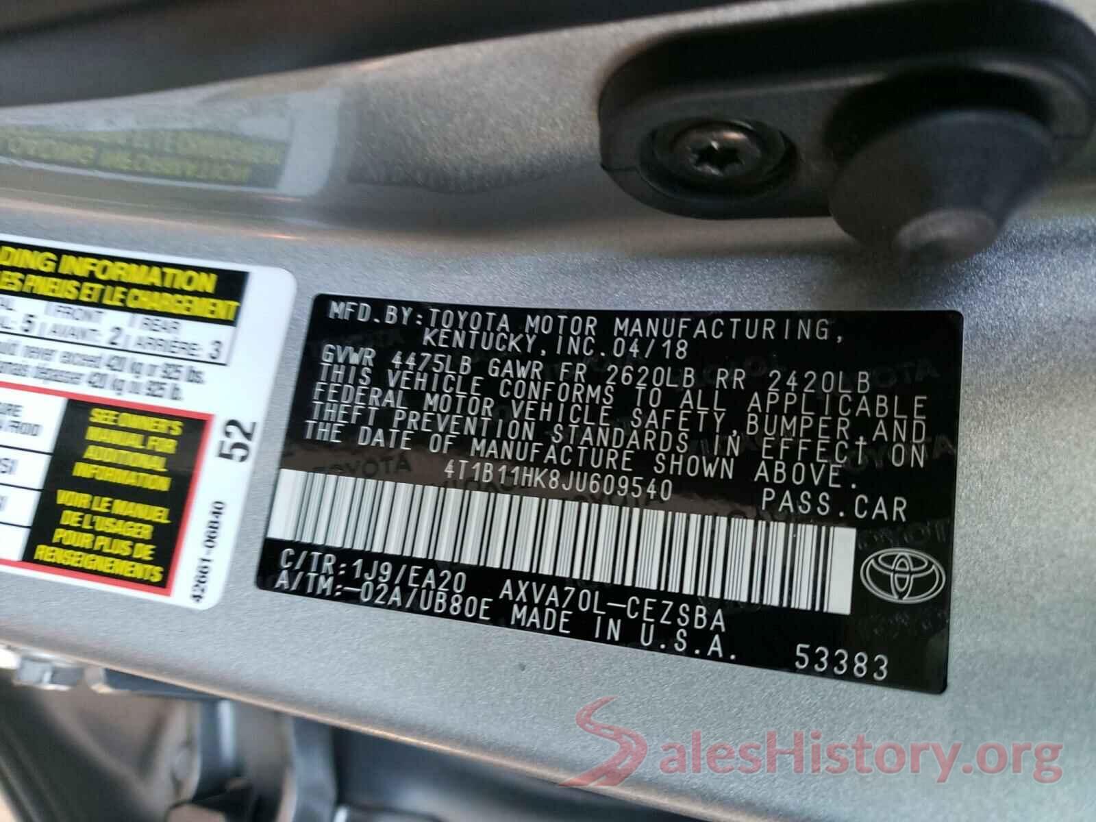 4T1B11HK8JU609540 2018 TOYOTA CAMRY