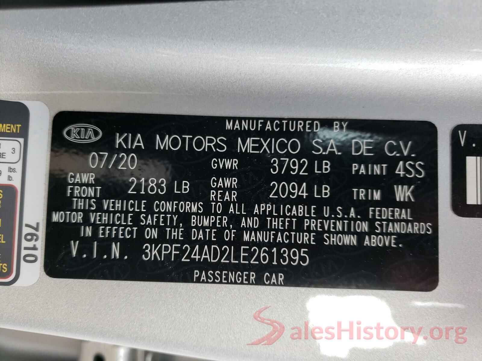 3KPF24AD2LE261395 2020 KIA FORTE