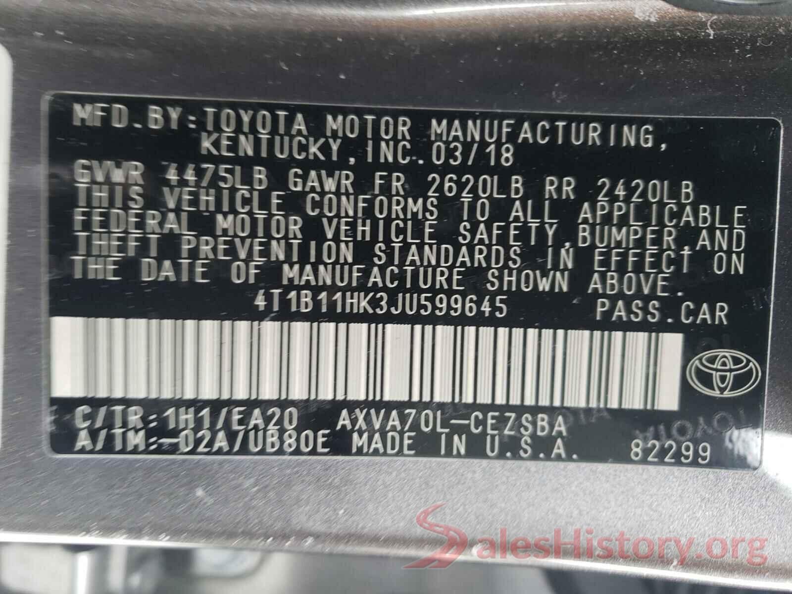 4T1B11HK3JU599645 2018 TOYOTA CAMRY