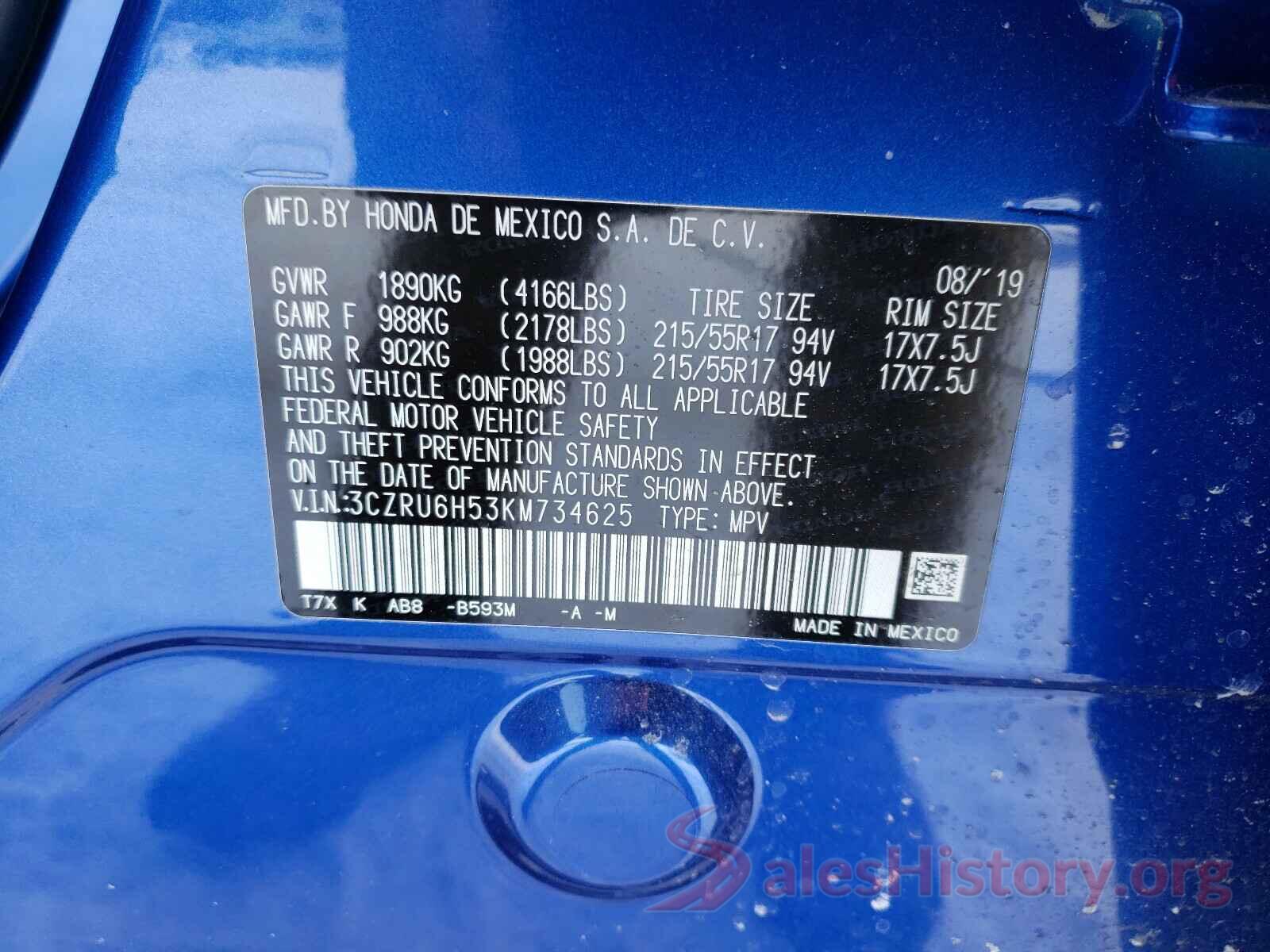 3CZRU6H53KM734625 2019 HONDA HR-V