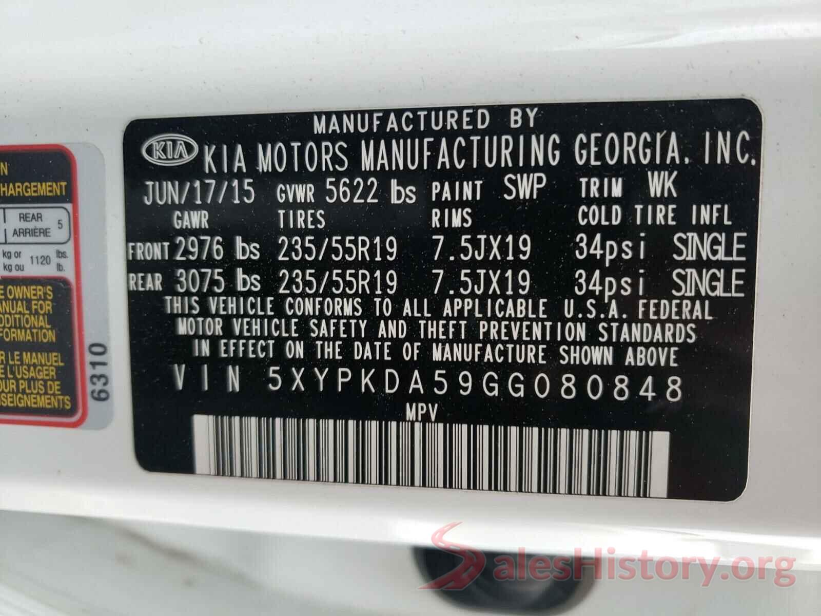 5XYPKDA59GG080848 2016 KIA SORENTO