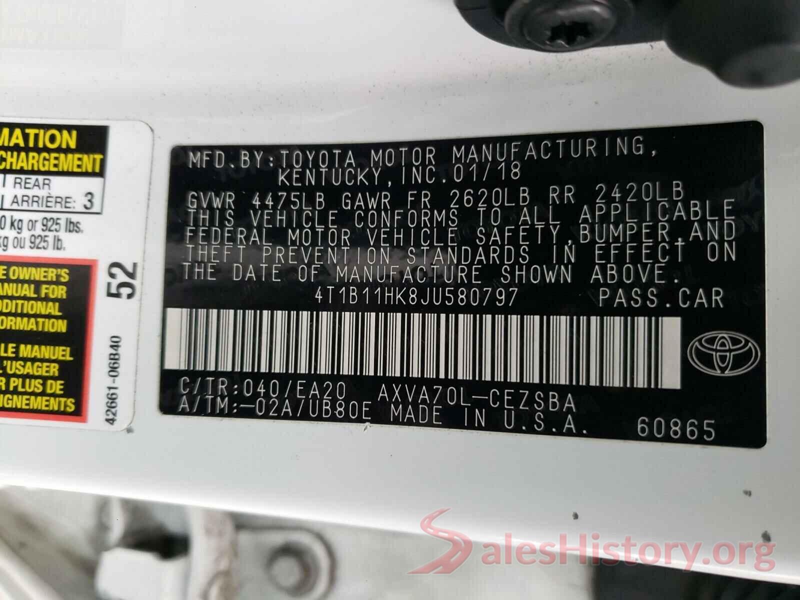 4T1B11HK8JU580797 2018 TOYOTA CAMRY