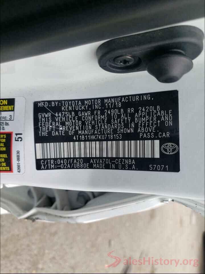 4T1B11HK7KU718153 2019 TOYOTA CAMRY