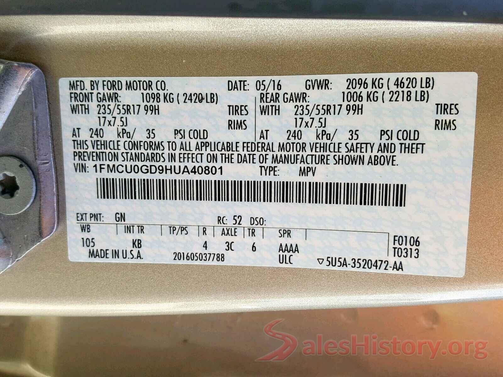 1FMCU0GD9HUA40801 2017 FORD ESCAPE SE