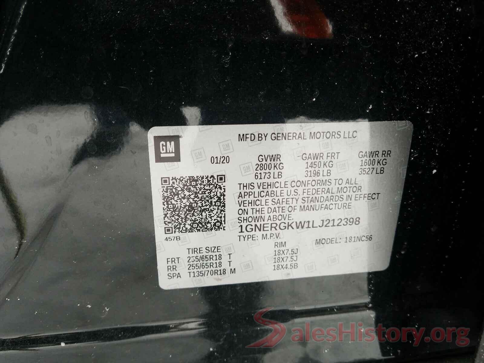 1GNERGKW1LJ212398 2020 CHEVROLET TRAVERSE