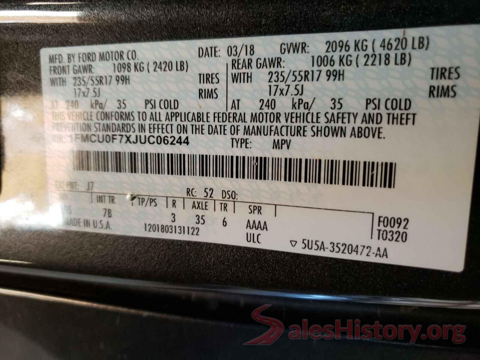 1FMCU0F7XJUC06244 2018 FORD ESCAPE