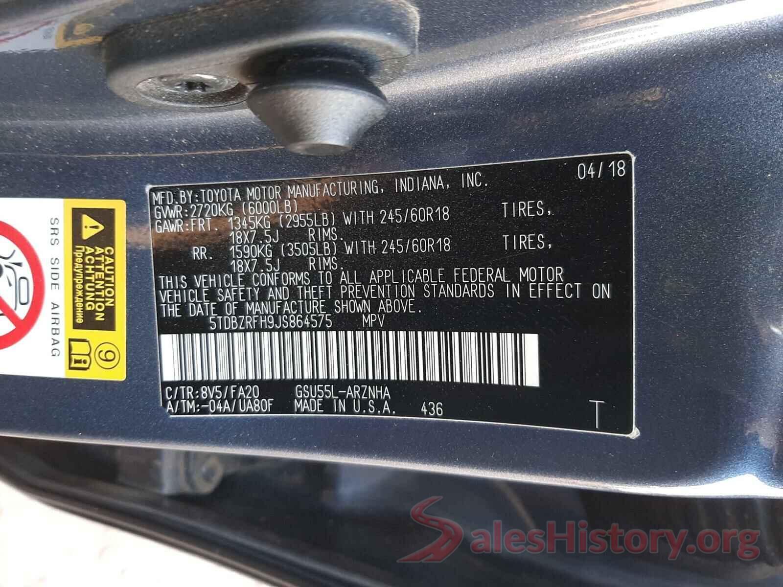 5TDBZRFH9JS864575 2018 TOYOTA HIGHLANDER