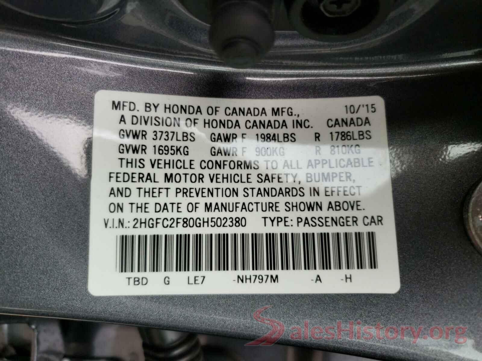 2HGFC2F80GH502380 2016 HONDA CIVIC