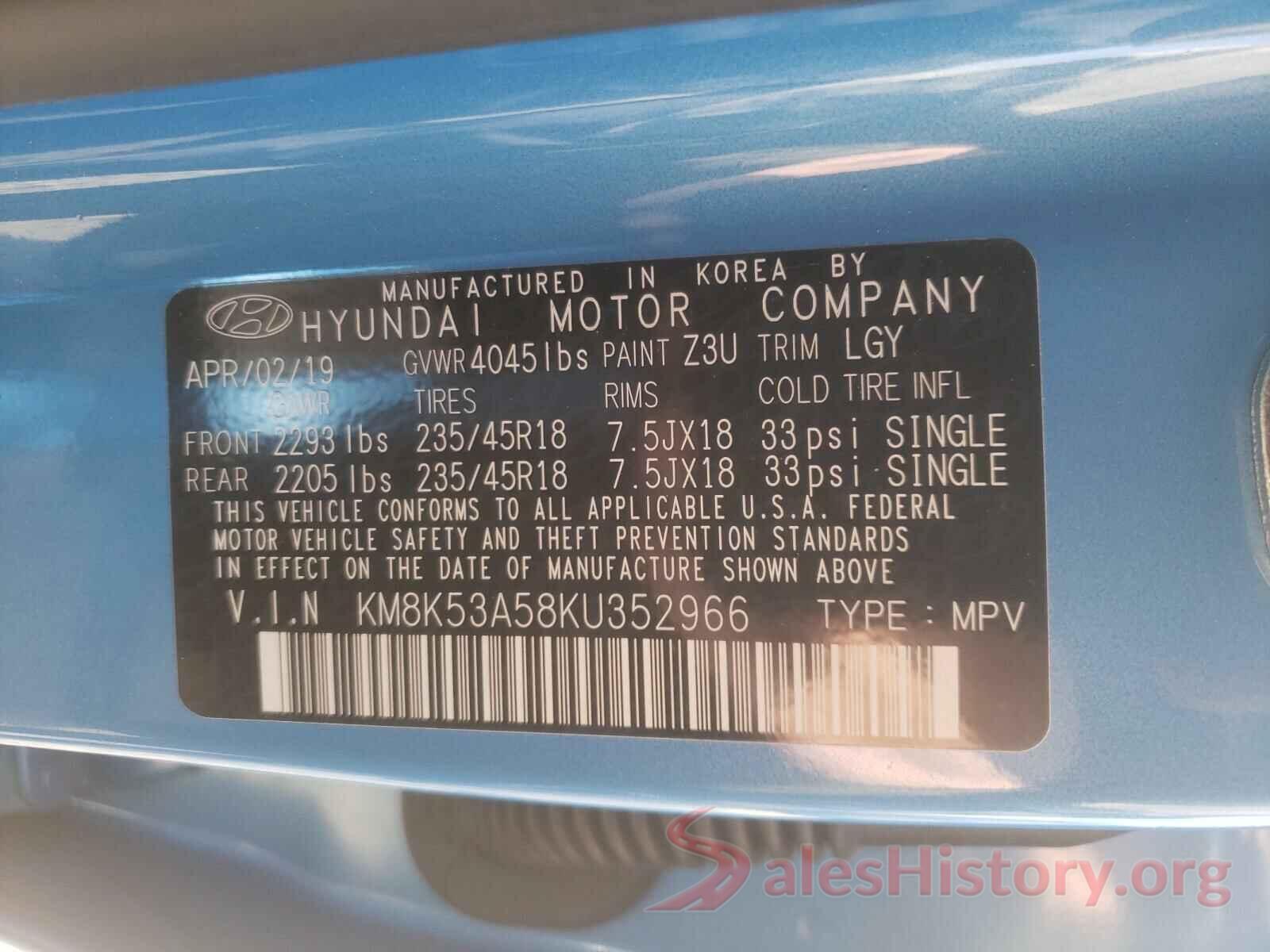 KM8K53A58KU352966 2019 HYUNDAI KONA