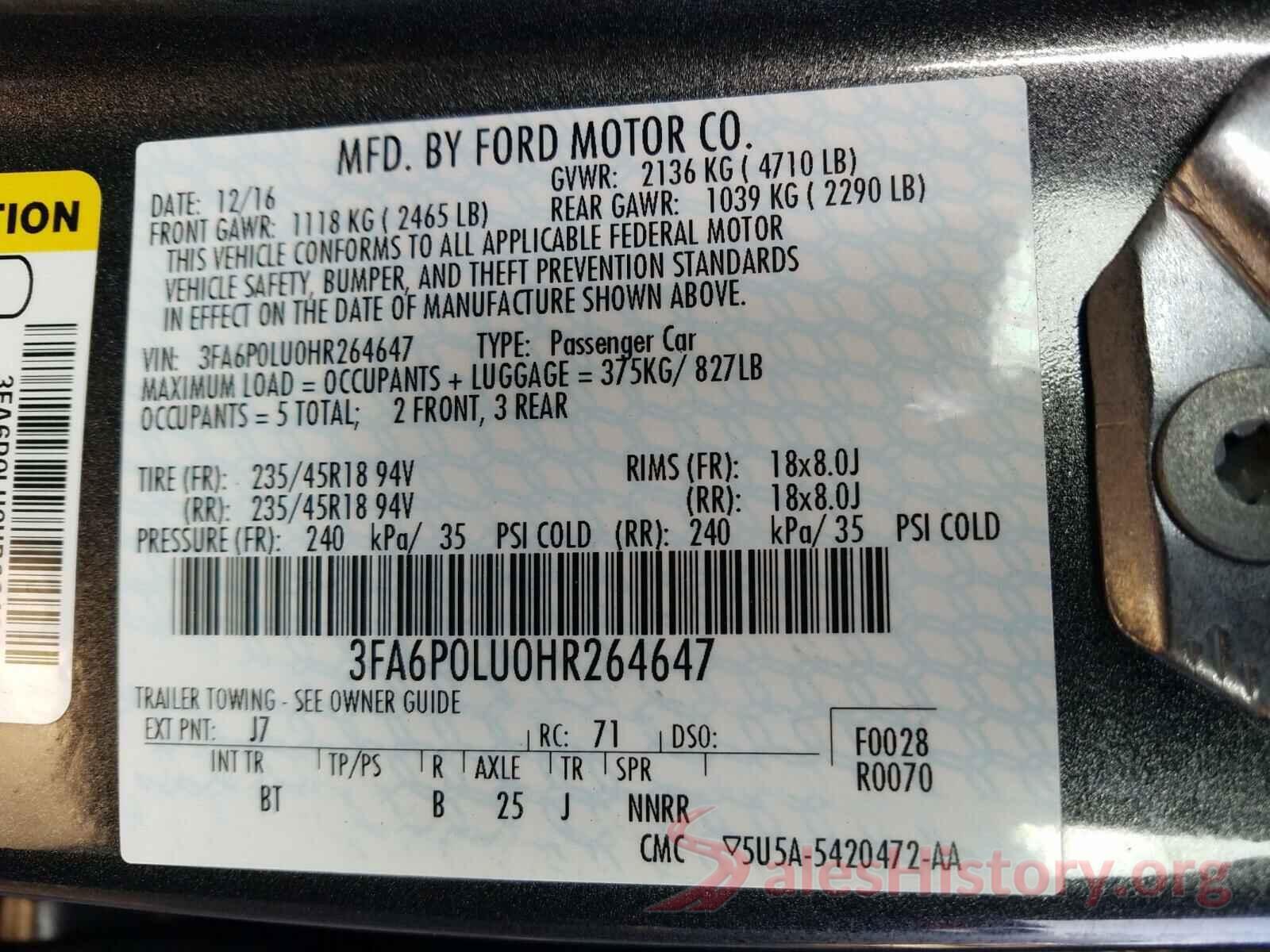 3FA6P0LU0HR264647 2017 FORD FUSION