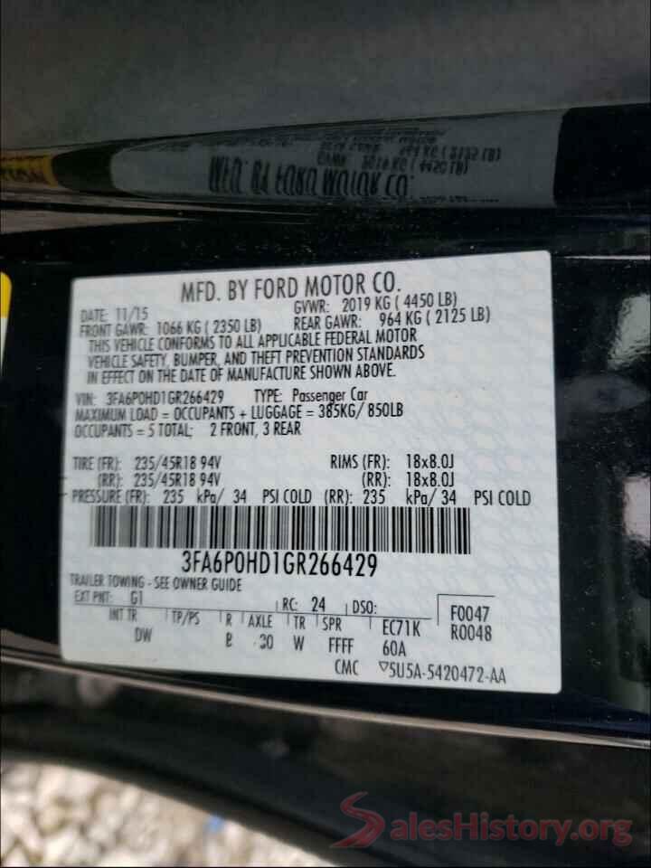 3FA6P0HD1GR266429 2016 FORD FUSION