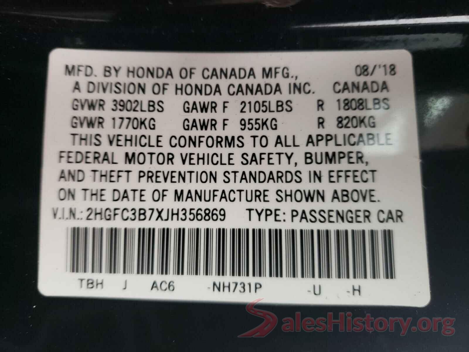 2HGFC3B7XJH356869 2018 HONDA CIVIC